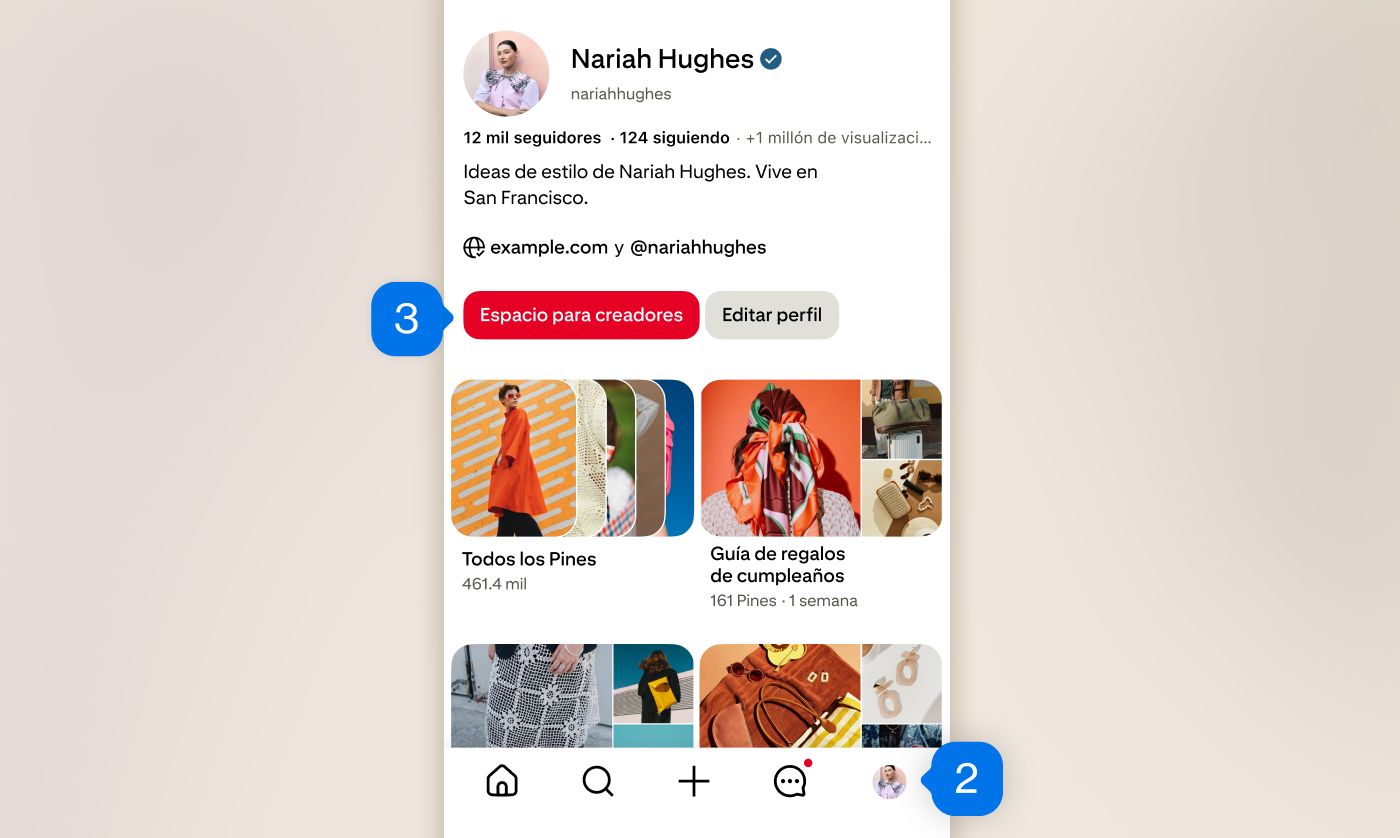 Vista previa de perfil de Pinterest para móviles con tableros de la creadora Nariah Hughes, el ícono de perfil en la parte inferior derecha (con la etiqueta “2”) y el botón del espacio para creadores en el tercio superior izquierdo (con la etiqueta “3”).