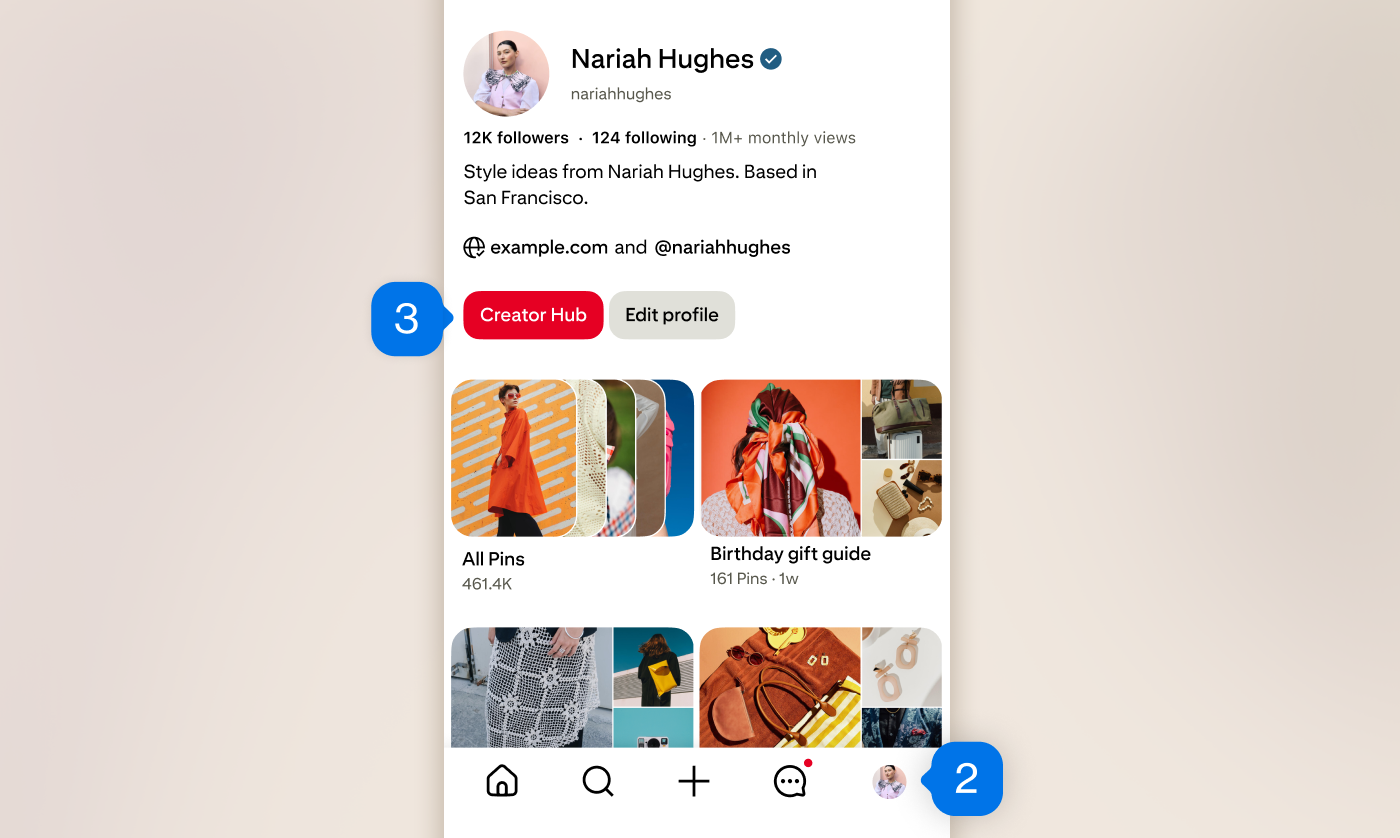 A Pinterest mobile profile preview showing boards for the creator Nariah Hughes, with the profile icon in the bottom right-hand corner labelled ‘2’ and the Creator Hub button in the top left-hand third of the screen labelled ‘3’.