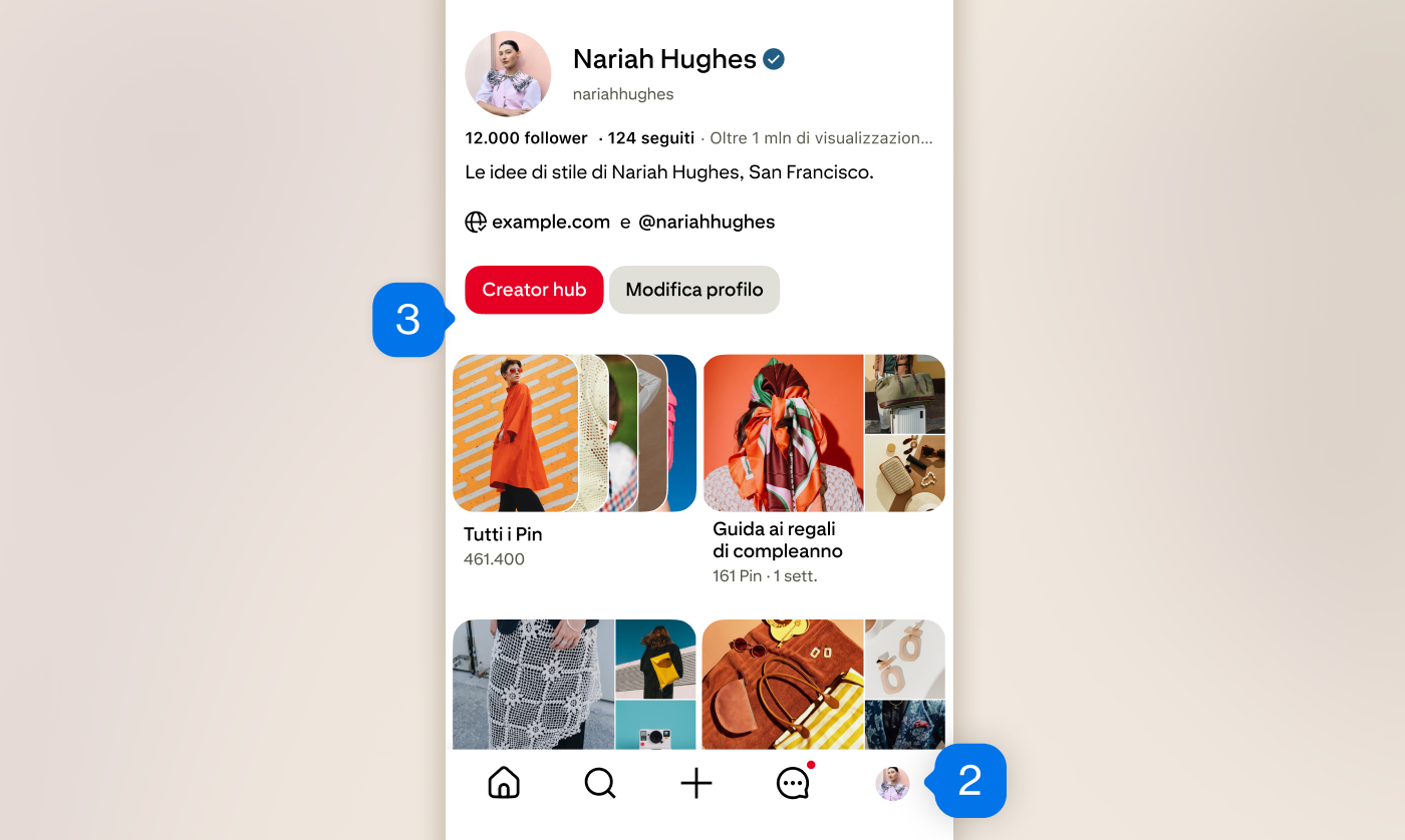 Un'anteprima del profilo Pinterest su dispositivo mobile che mostra le bacheche della creator Nariah Hughes con l'icona del profilo in basso a destra con l'etichetta "2" e il pulsante del Creator hub in alto a sinistra con l'etichetta "3".