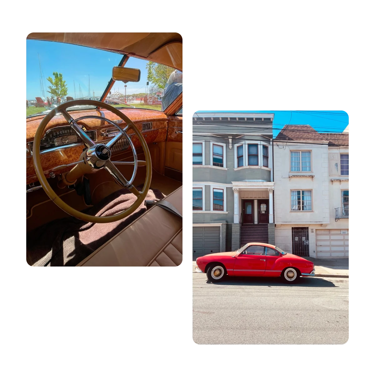 Two pins, interior of old car, exterior of old car