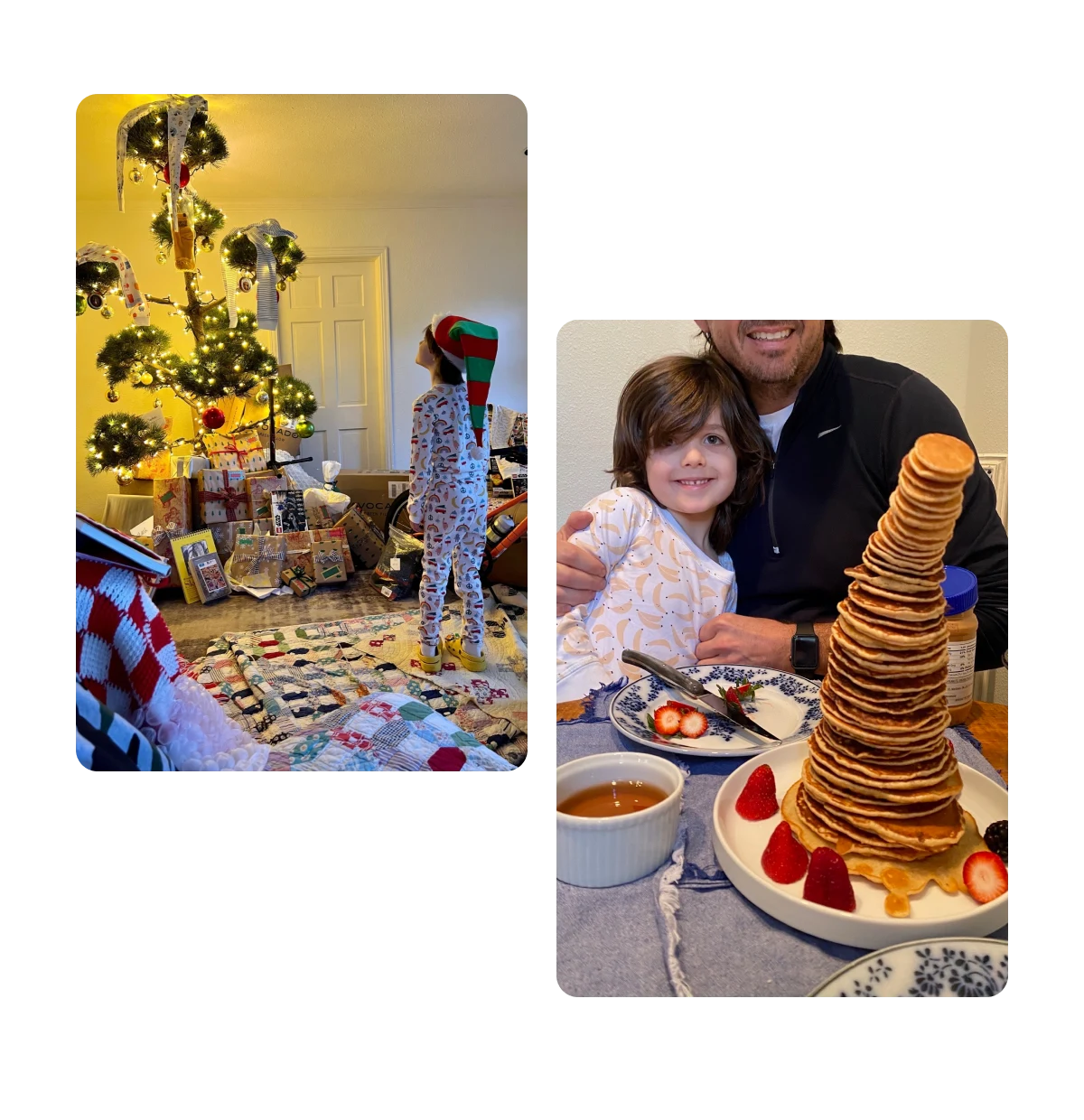 Two pins, christmas decorations at home, leaning tower of pancakes
