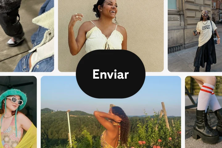 Pin en el que aparece una novia con un ramo moderno y su pareja detrás de ella.