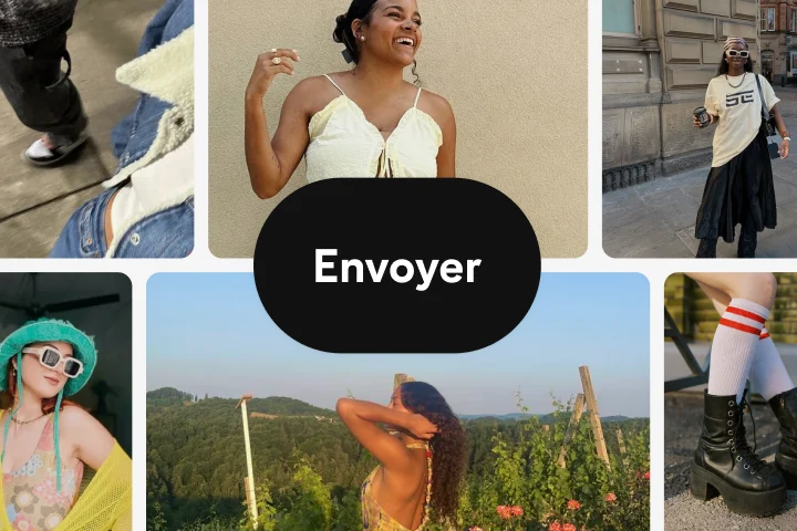 Épingle montrant une mariée avec un bouquet moderne et son partenaire debout derrière elle