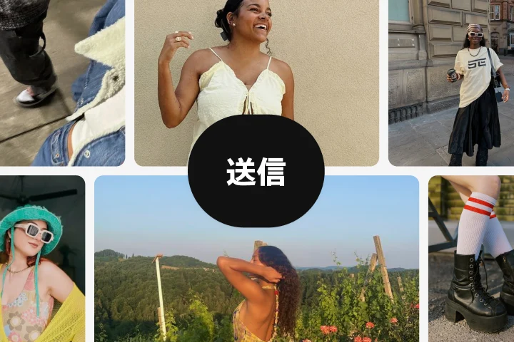 モダンなブーケを手にした花嫁と、その後ろに立っているパートナーのピン
