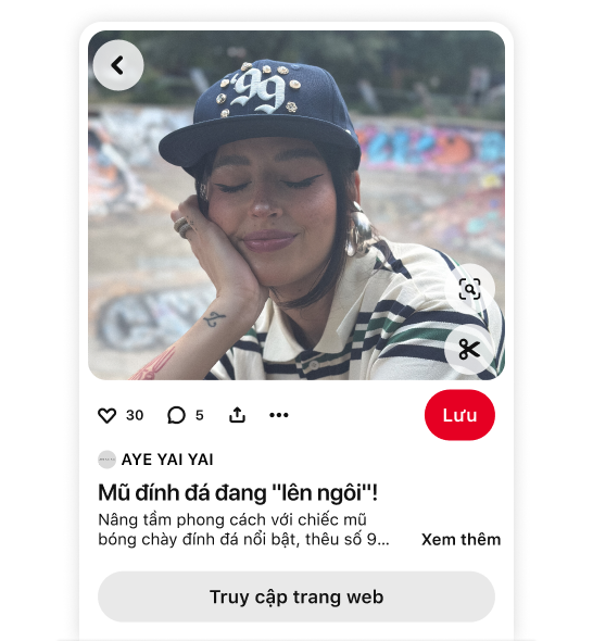 Mục Ghim trên Pinterest của thương hiệu AYE YAI YAI hiển thị chiếc mũ bóng chày đính đá có liên kết đến trang web.