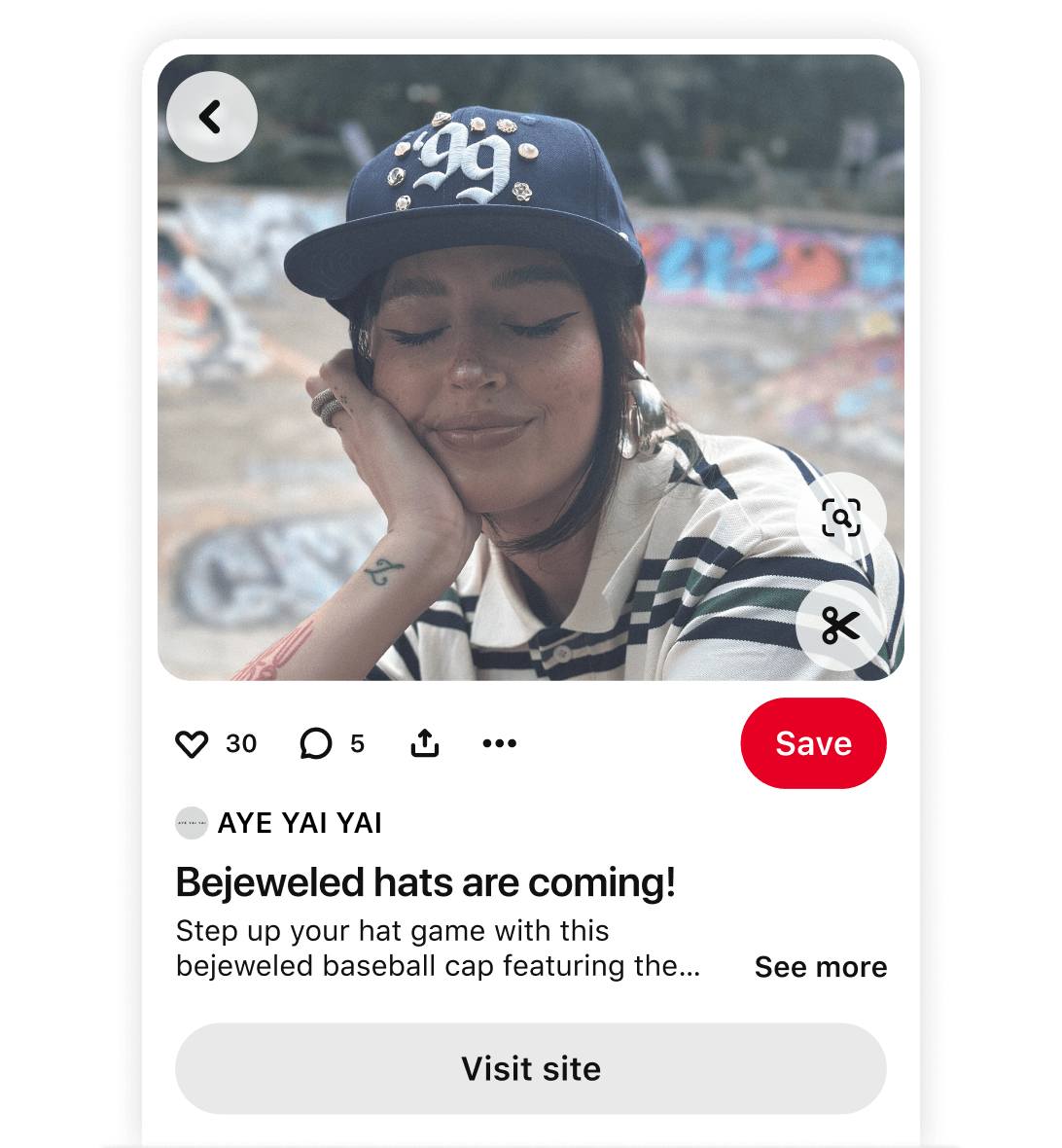 Pinterest Pin by brand AYE YAI YAI showing a bejeweled baseball cap with a website link .