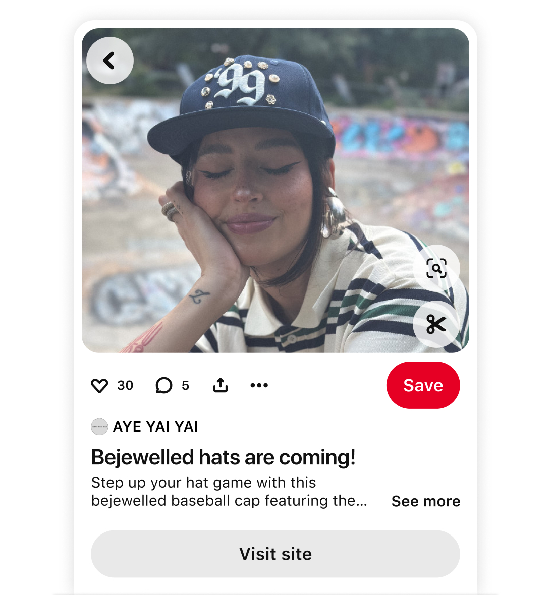 Pinterest Pin by the AYE YAI YAI brand showing a bejewelled baseball cap with a website link.