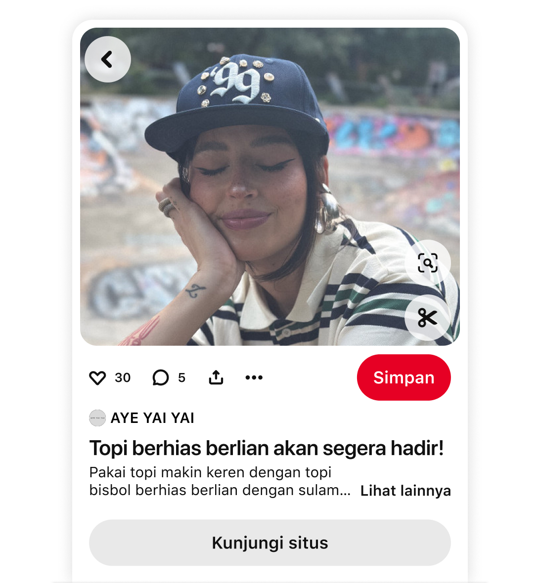 Pin Pinterest oleh merek AYE YAI YAI yang menunjukkan topi bisbol berhias berlian dengan tautan situs web.