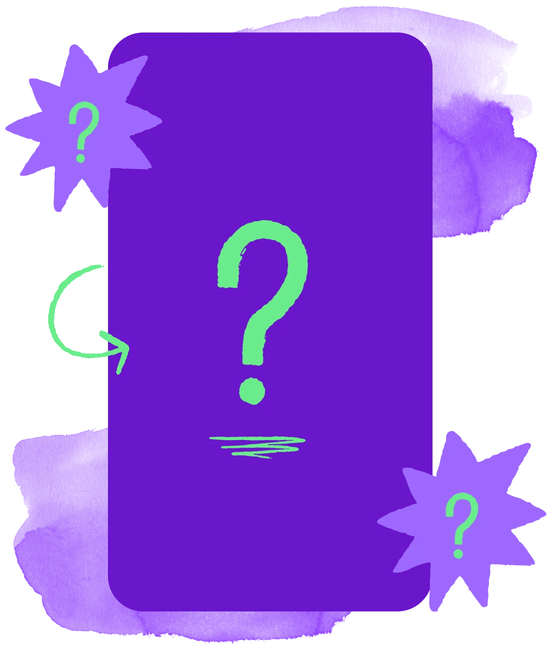 Purple Pin with green question marks on it