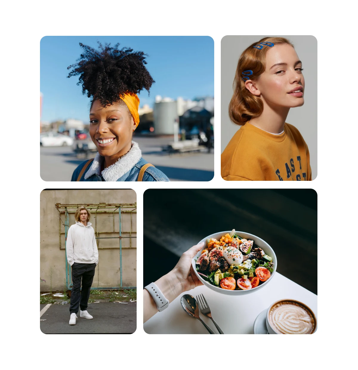  Pin grid featuring Black woman with bright yellow hair scarf with hair pulled up in a puff, white woman with yellow sweatshirt, white man with a white hoodie and black trousers, a salad in a white bowl on a table..