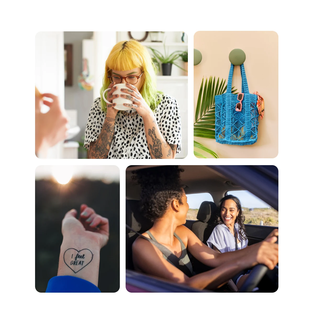  Pin grid featuring woman with bright yellow and green hair, blue knit bag with sunglasses inside, wrist with a tattoo reading "i feel great", two women in a car laughing in the sun.