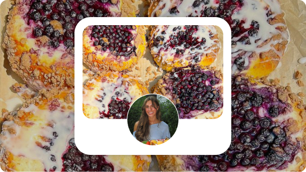 Snapshot of a Pinterest profile for Bright Moment Co. I Seasonal Recipes. Background image of fresh fruit pastries.