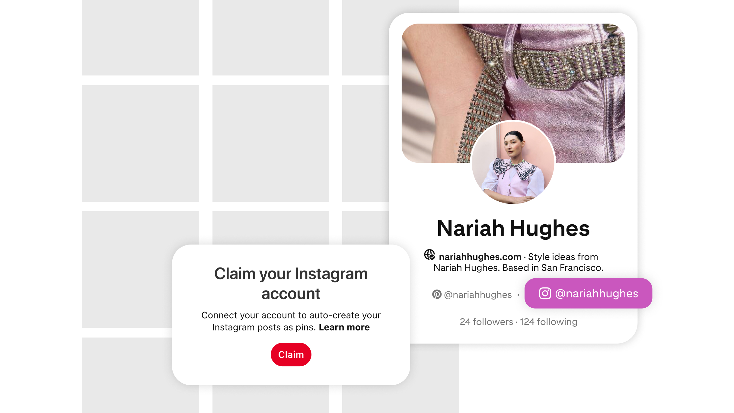 소유권 표시가 된 Instagram 계정이 표시된 Pinterest 프로필 페이지