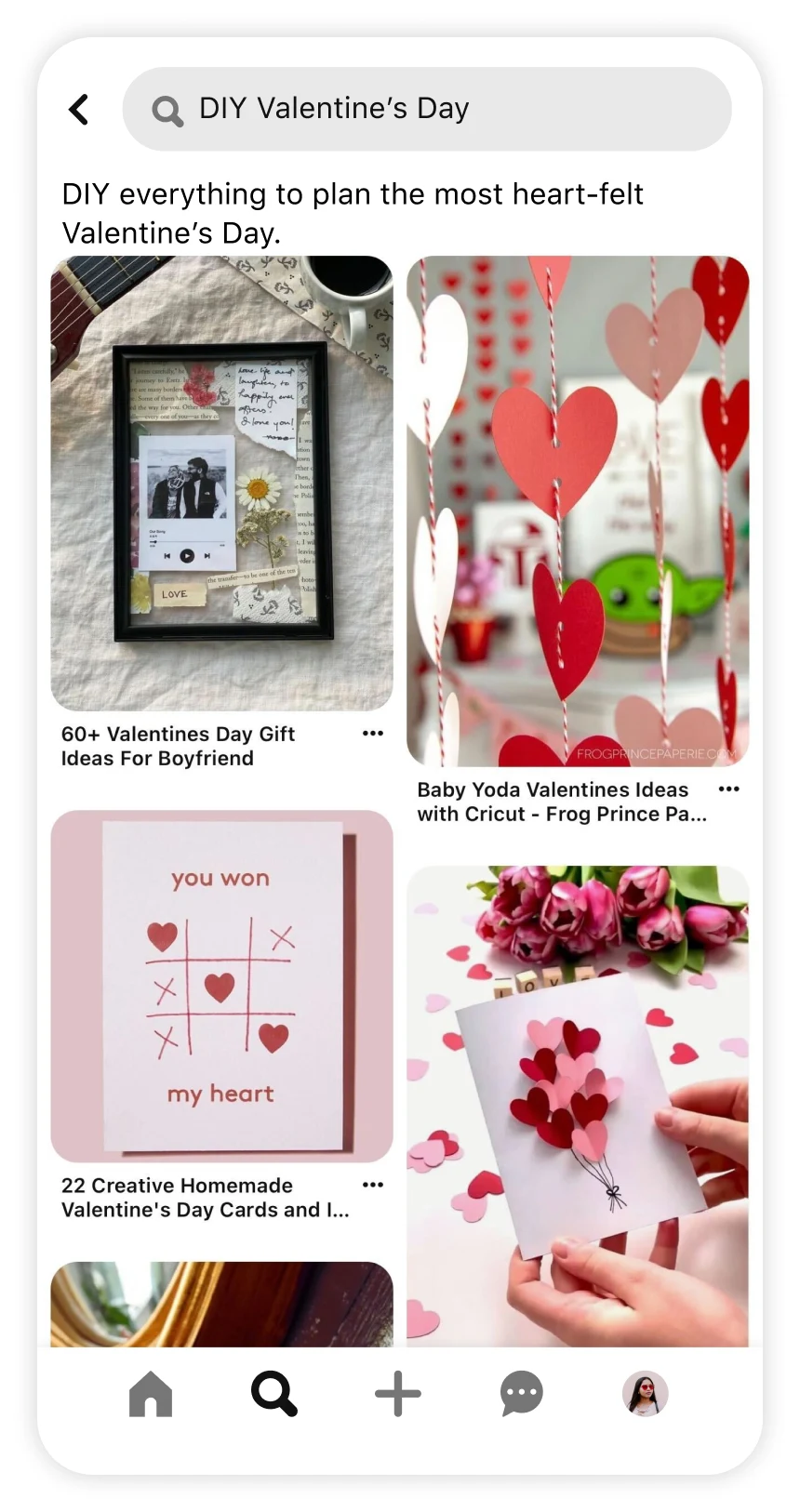 Screen shot of Pinterest app showing trend article for DIY Valentine's Day
