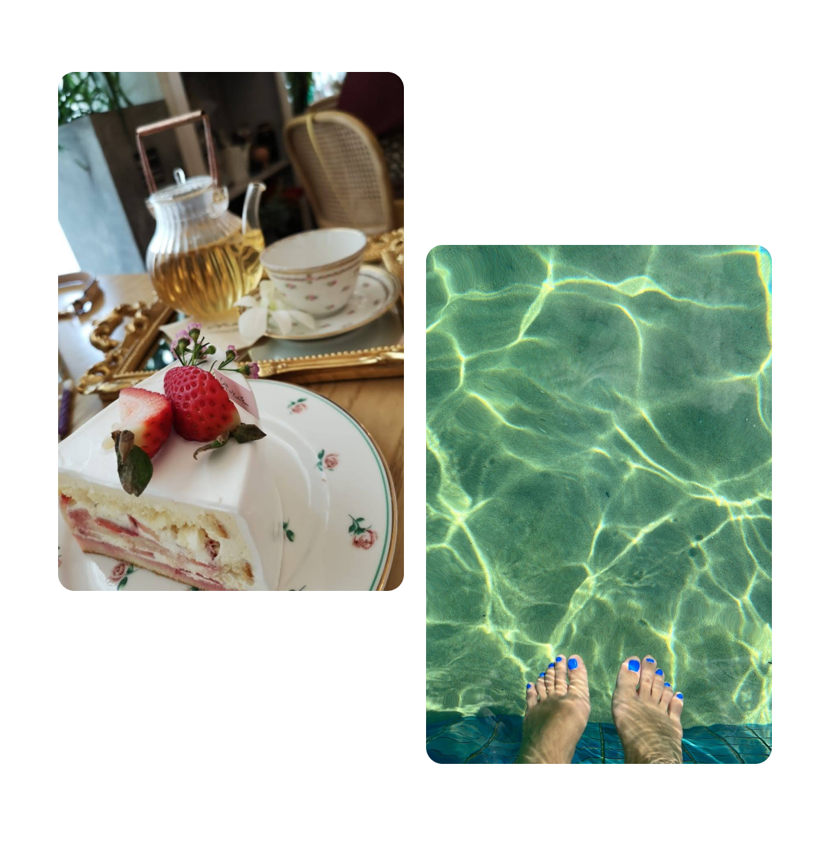 Two pins, slice of cake and tea, feet dipped in water