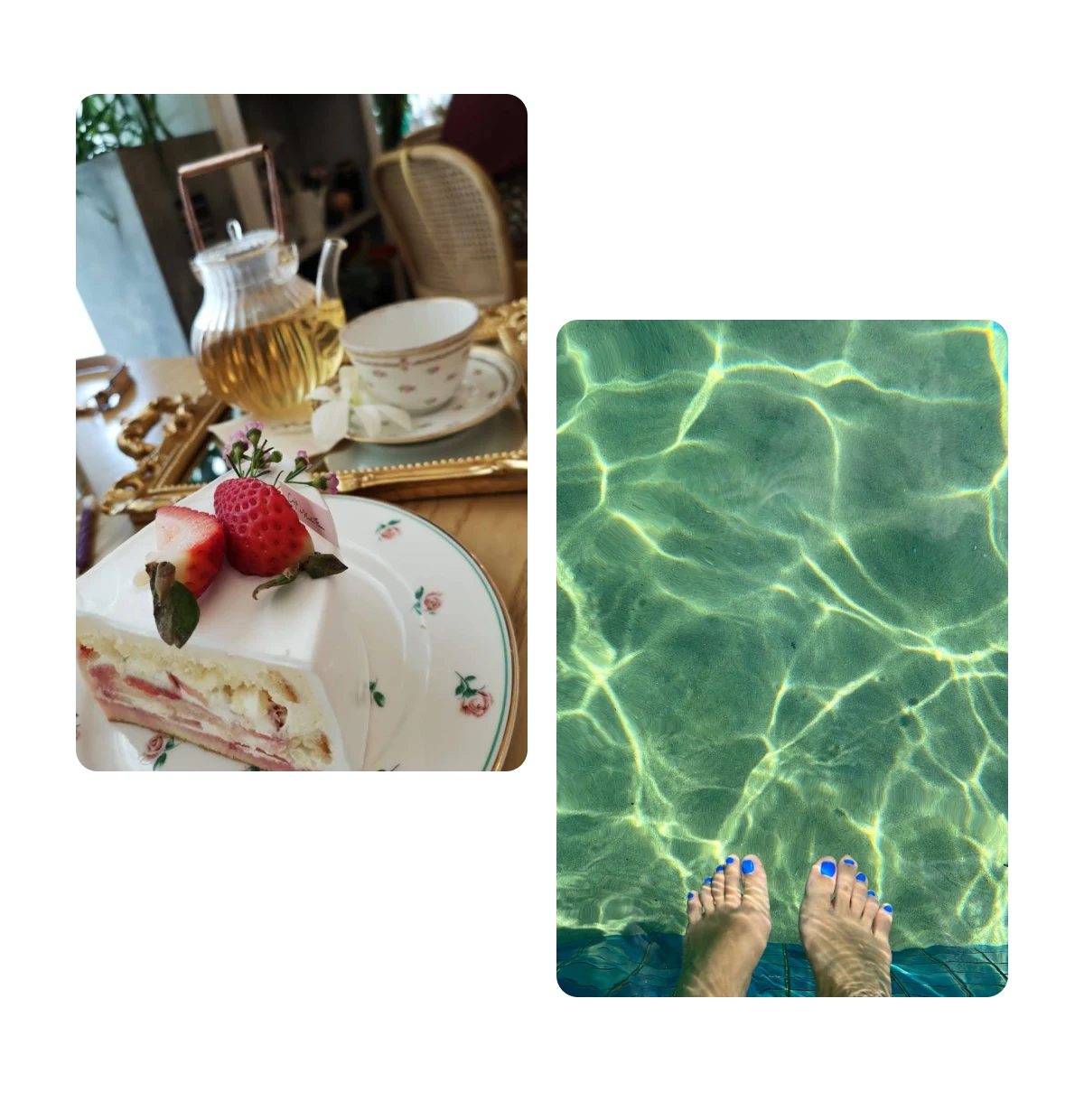 Two pins, slice of cake and tea, feet dipped in water