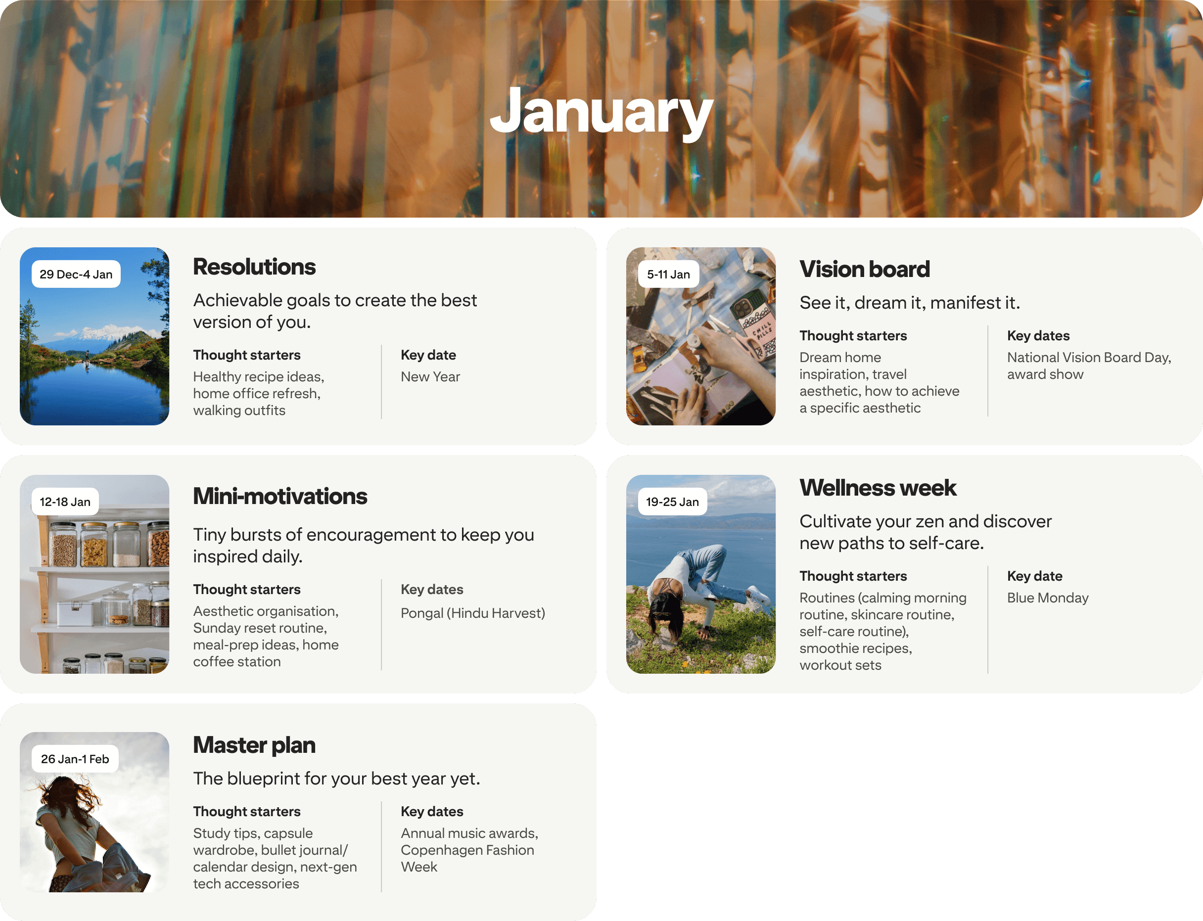 January planner view with four cards: Resolutions, Vision board, Mini-motivations and Wellness week, each dated and paired with photos.