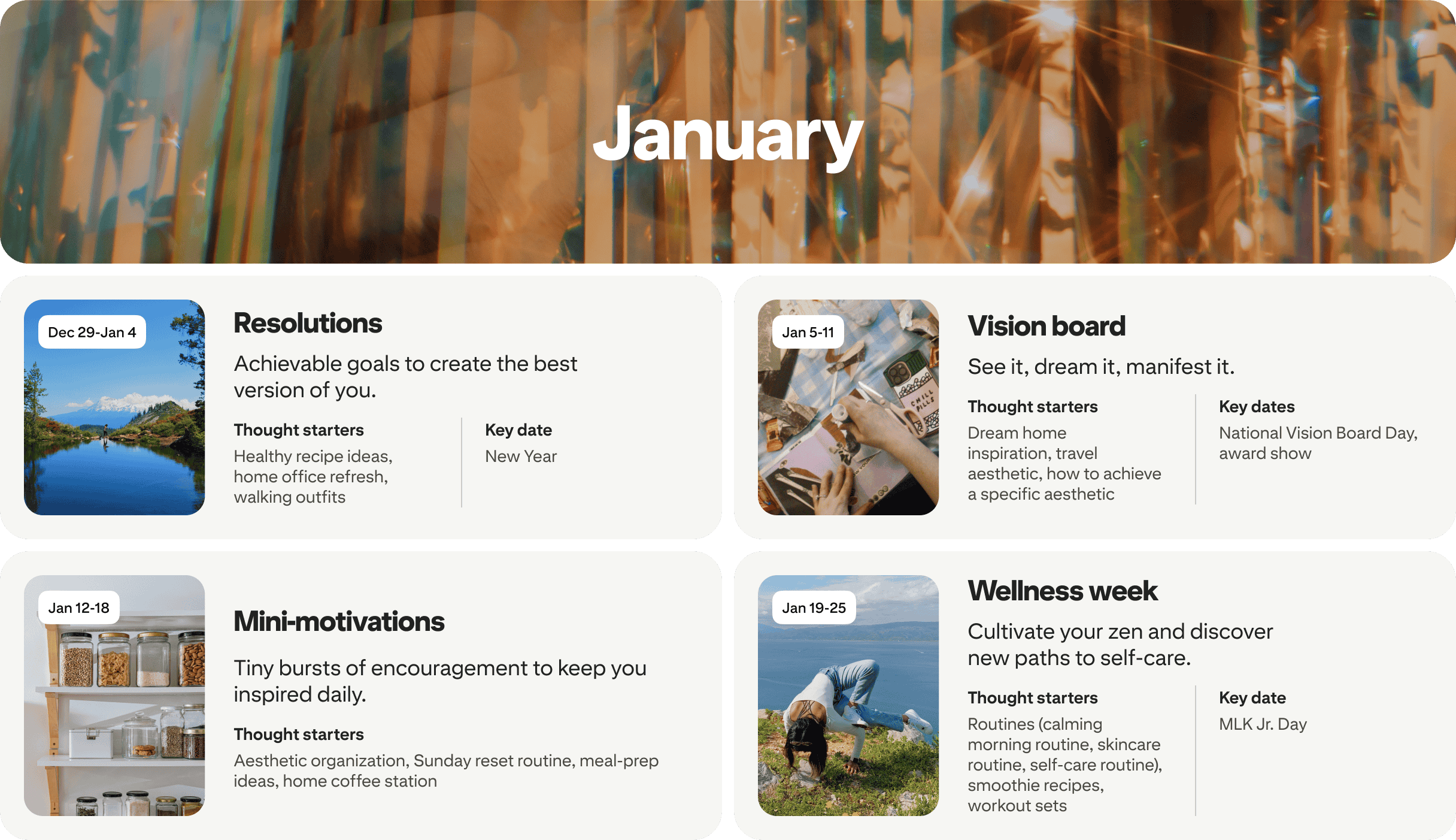 January planner view with four cards: Resolutions, Vision board, Mini-motivations and Wellness week, each dated and paired with photos.