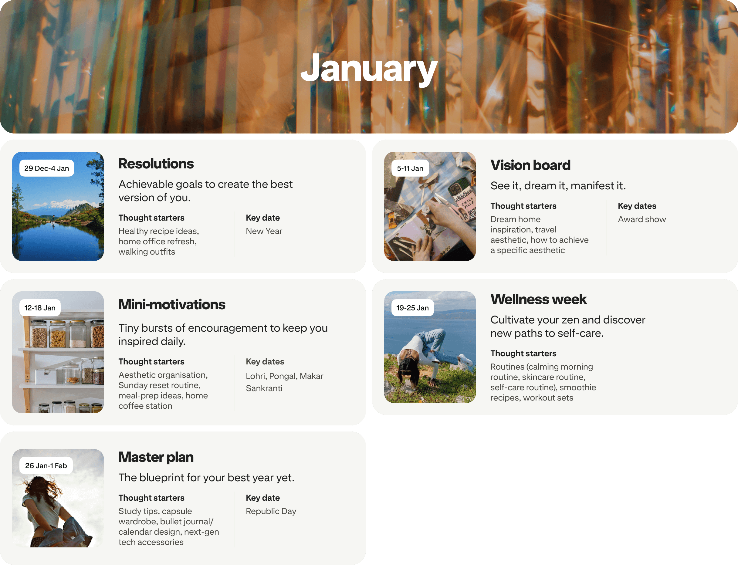 January planner view with four cards: Resolutions, Vision board, Mini-motivations and Wellness week, each dated and paired with photos.