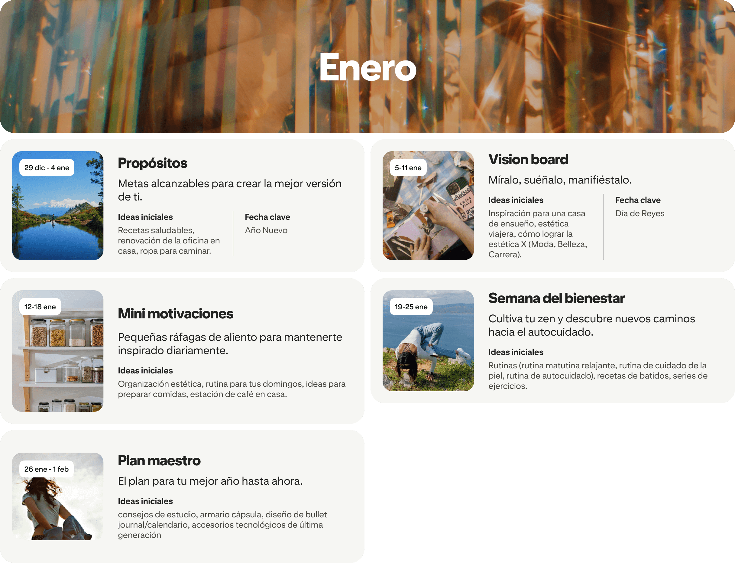 January planner view with four cards: Resolutions, Vision board, Mini-motivations and Wellness week, each dated and paired with photos.