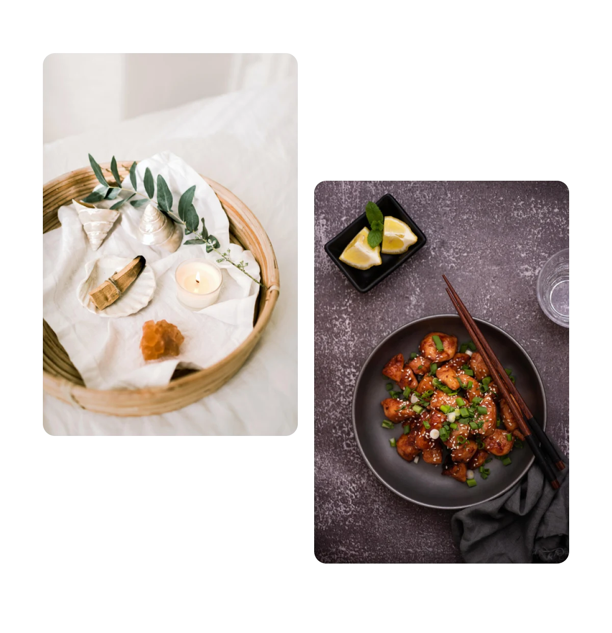 Two pins, palo santo and crystal on tray, asian cuisine presented in frying pan