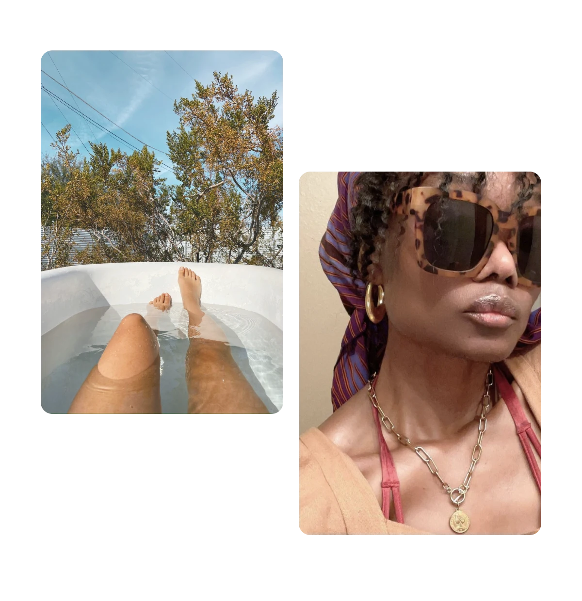 Zwei Pins, Beine in der Badewanne, schwarze Frau mit Sonnenbrille
