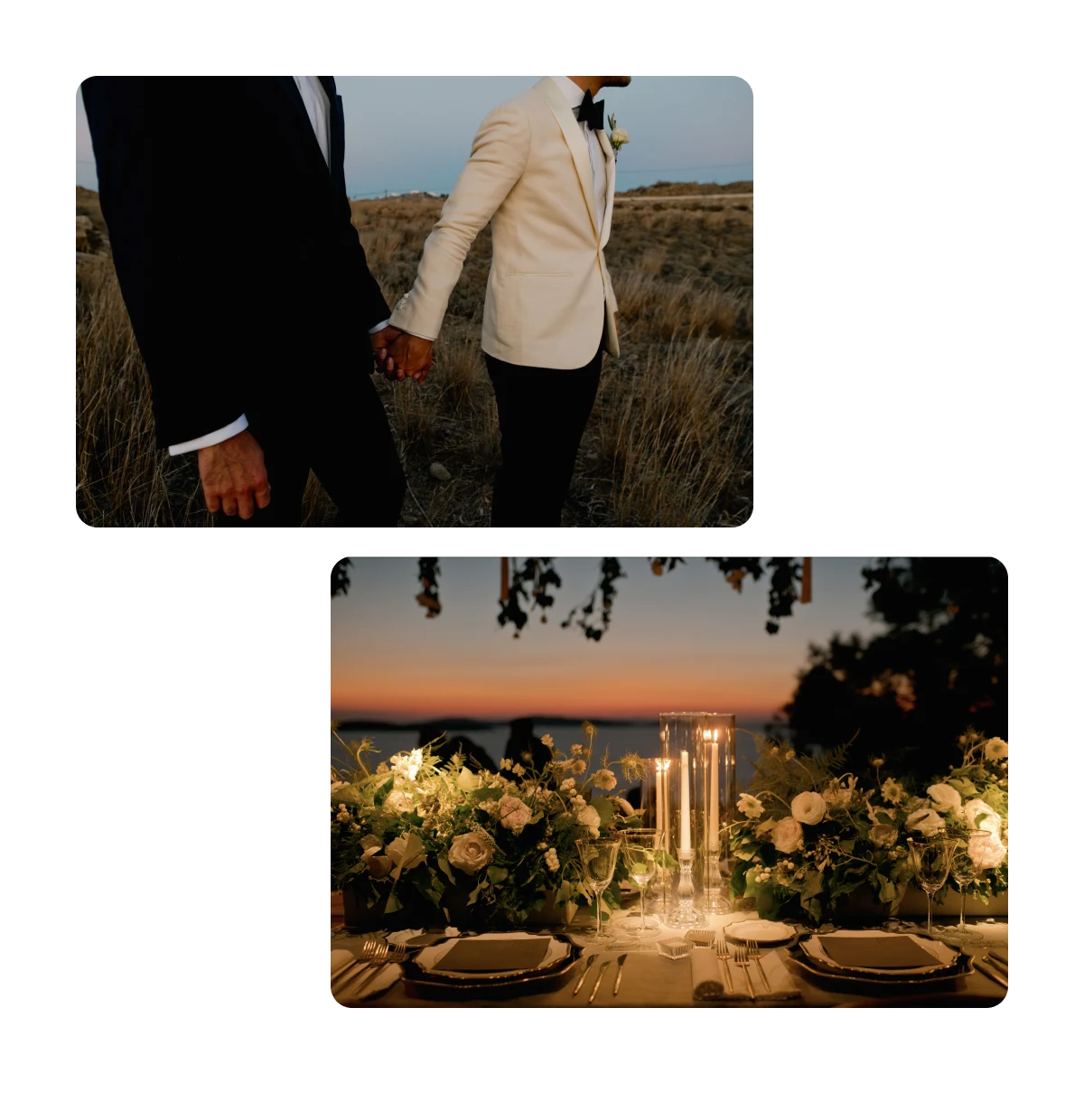 Two pins, male grooms holding hands, wedding tablescape