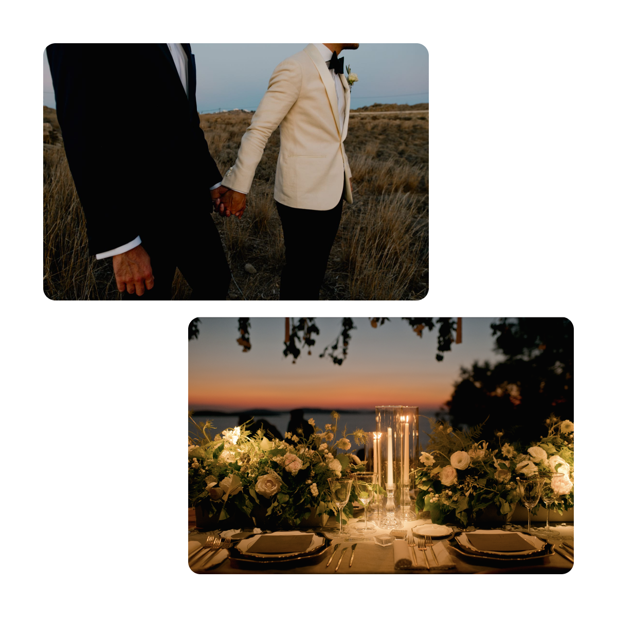 Two pins, male grooms holding hands, wedding tablescape