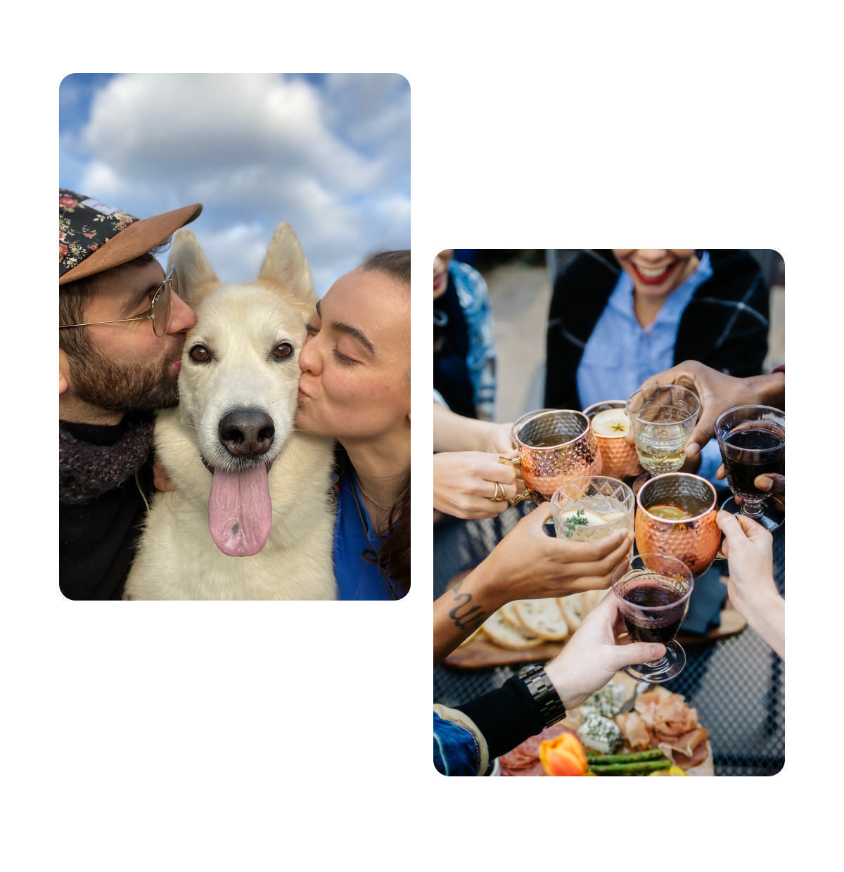 Zwei Pins, Paar küsst Hund, Hände mit Gläsern, die anstoßen