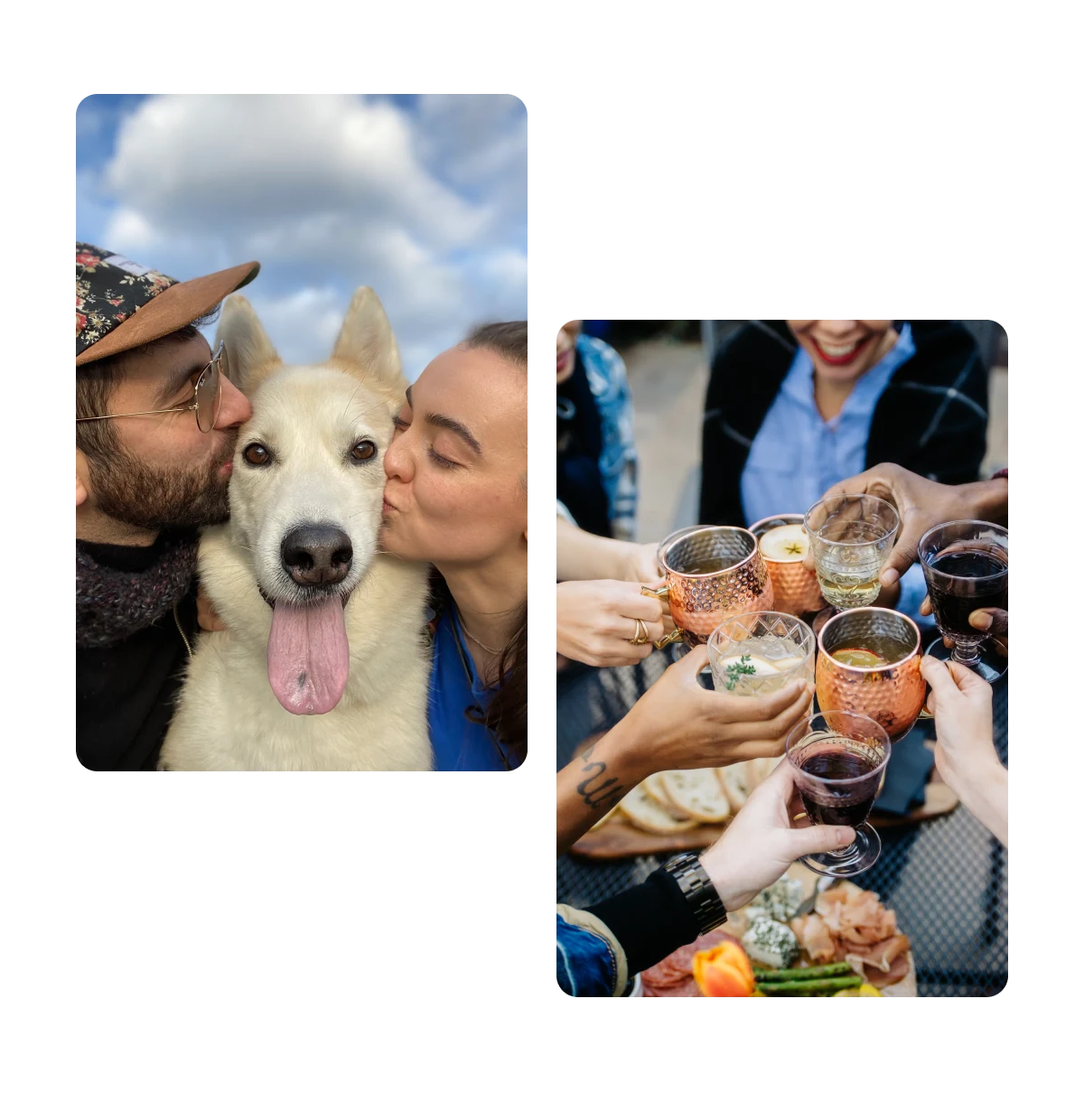 Dois Pins, casal e um cachorro, grupo de pessoas fazendo um brinde