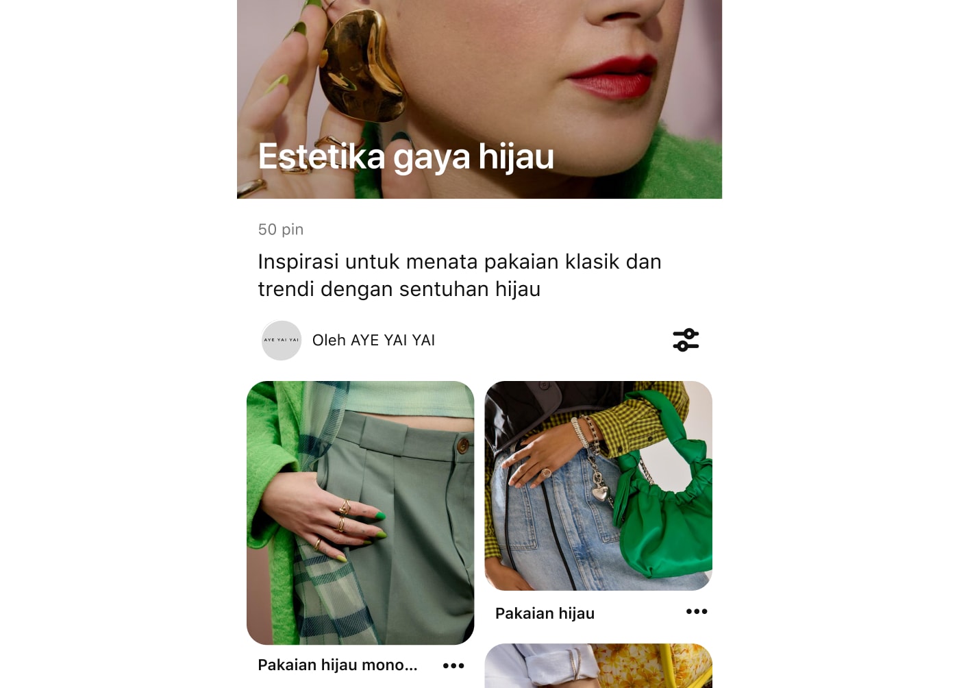 Tangkapan layar ponsel papan Pinterest untuk Estetika Gaya Hijau