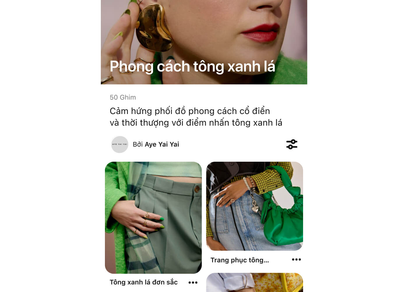 Ảnh chụp màn hình bảng trên Pinterest trên thiết bị di động về Phong cách tông xanh lá