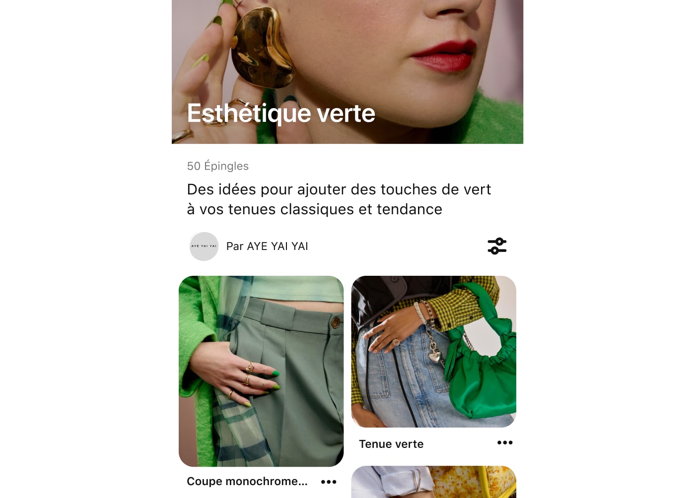 Capture d’écran mobile d’un tableau Pinterest sur l’esthétique verte