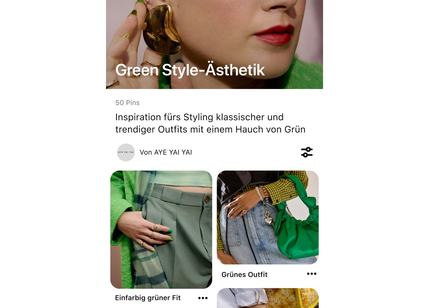 Mobilgeräte-Screenshot einer Pinterest-Pinnwand für die Ästhetik „Green Style“