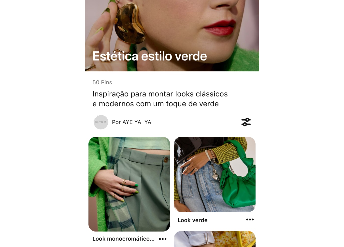 Captura de tela da pasta do Pinterest para dispositivos móveis com estética estilo verde