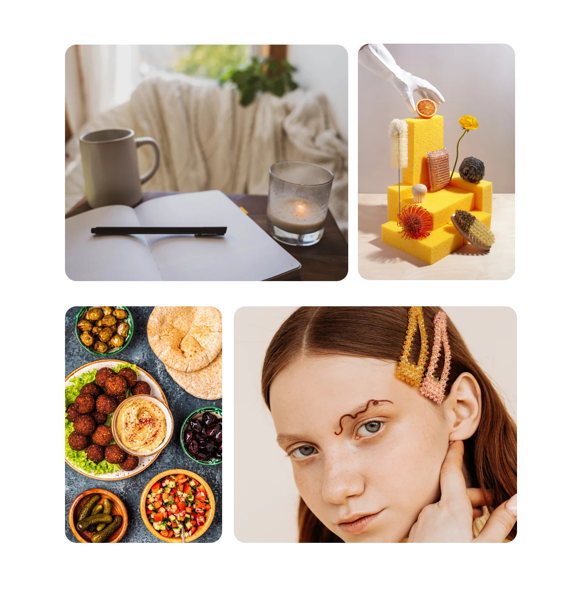Pin grid of four images including healthy morning routine, spring bedroom inspiration, mindful arts and crafts, soft girl aesthetic.