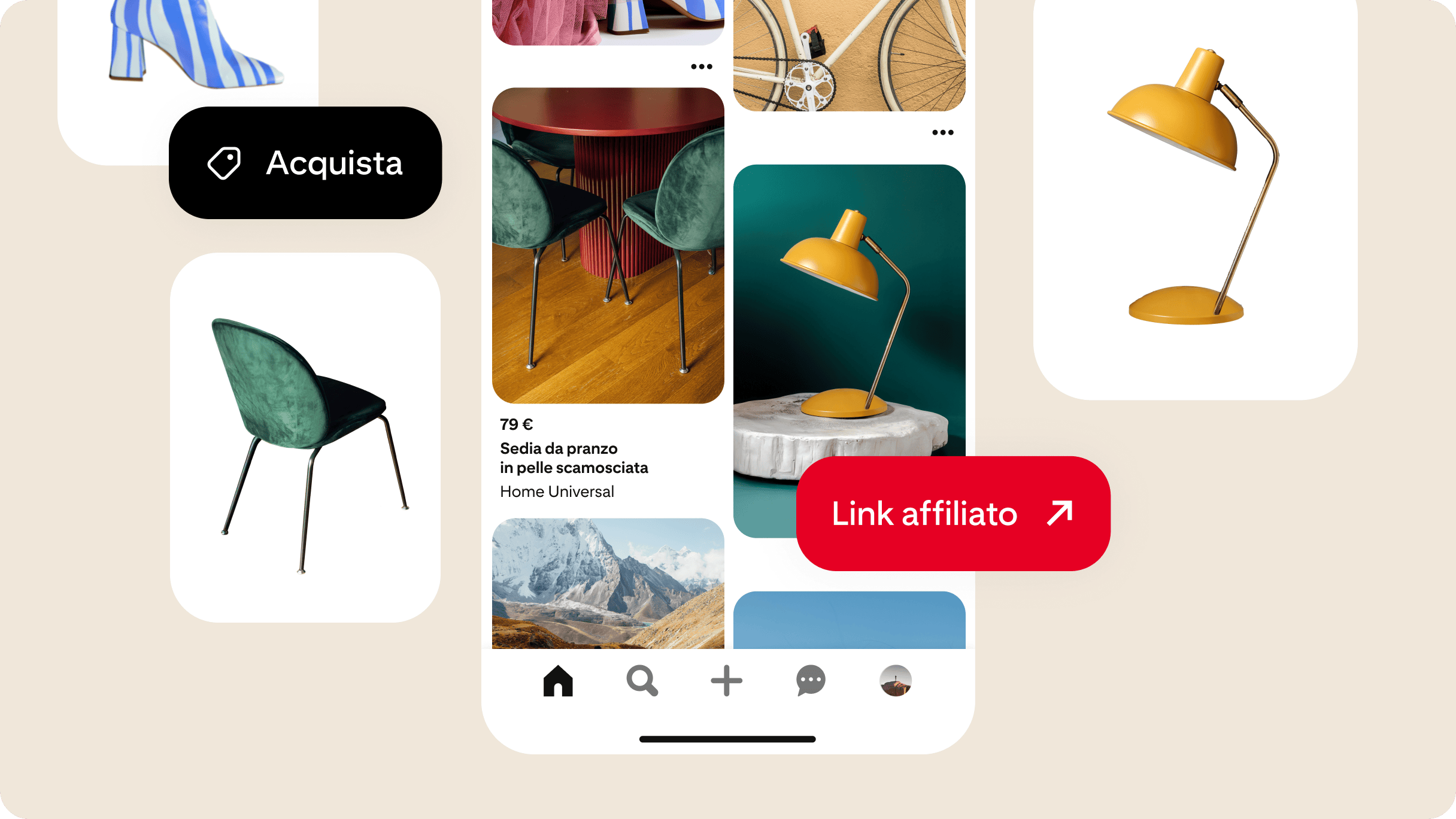 Feed di Pinterest con link affiliati e tag prodotto.
