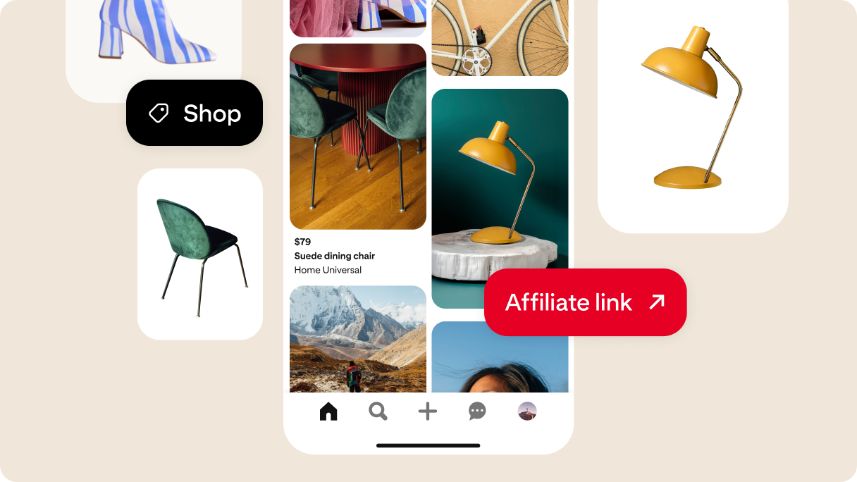 Pinterest home feed featuring affiliate links and product tags.