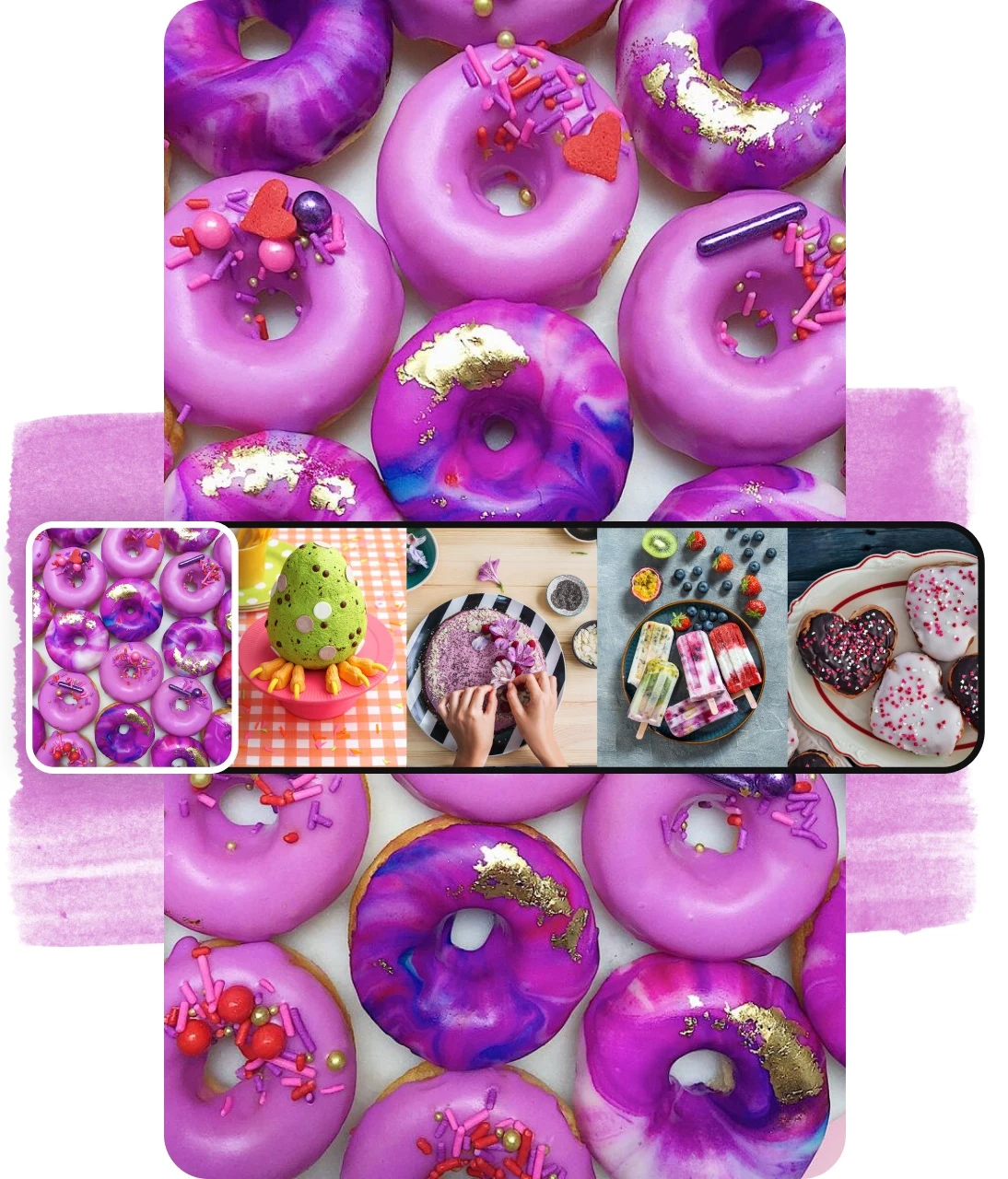 Selector de imagen de portada superpuesto sobre un Pin con donas púrpuras