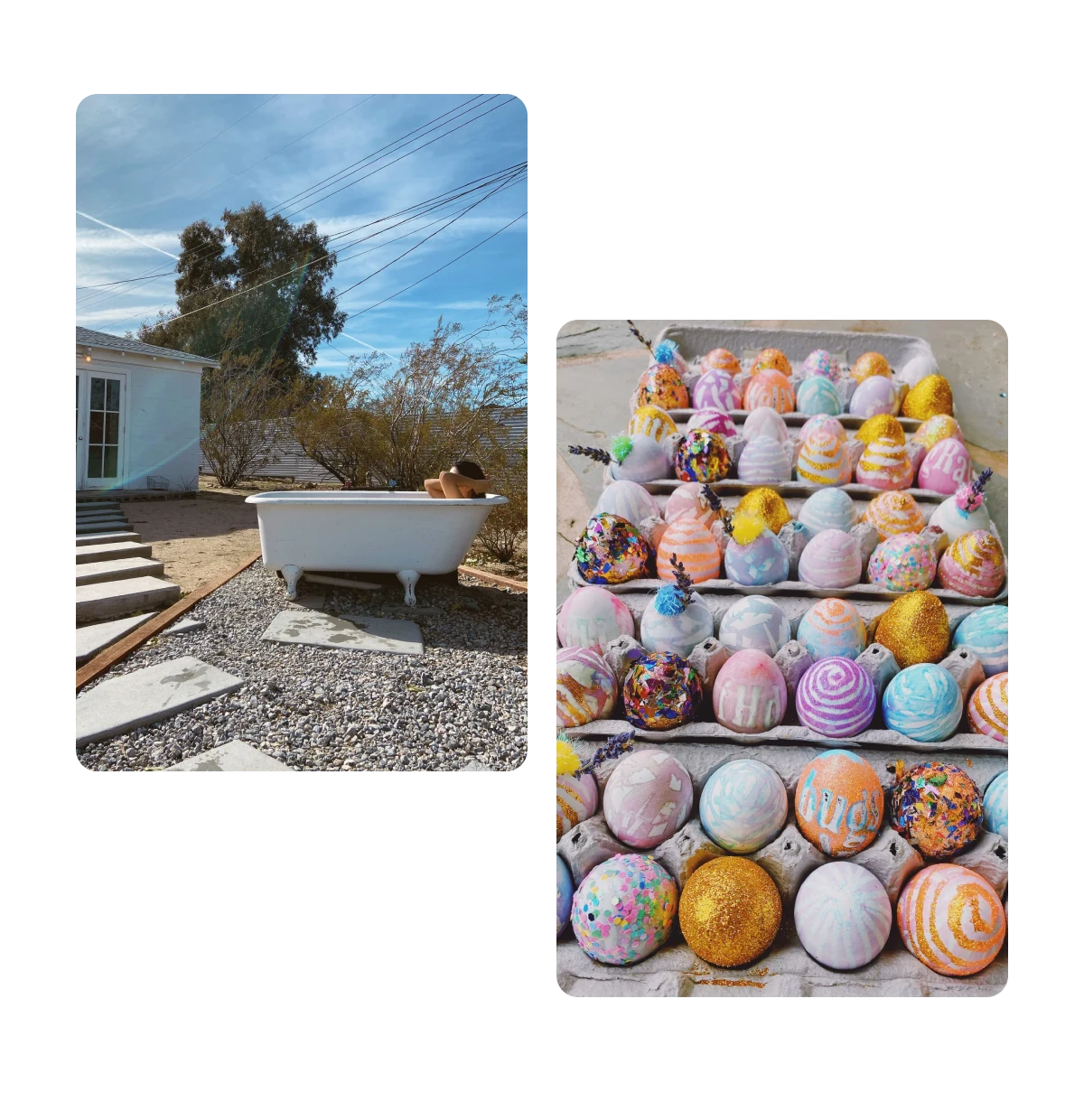 Two pins, woman in outdoor bathtub, easter eggs