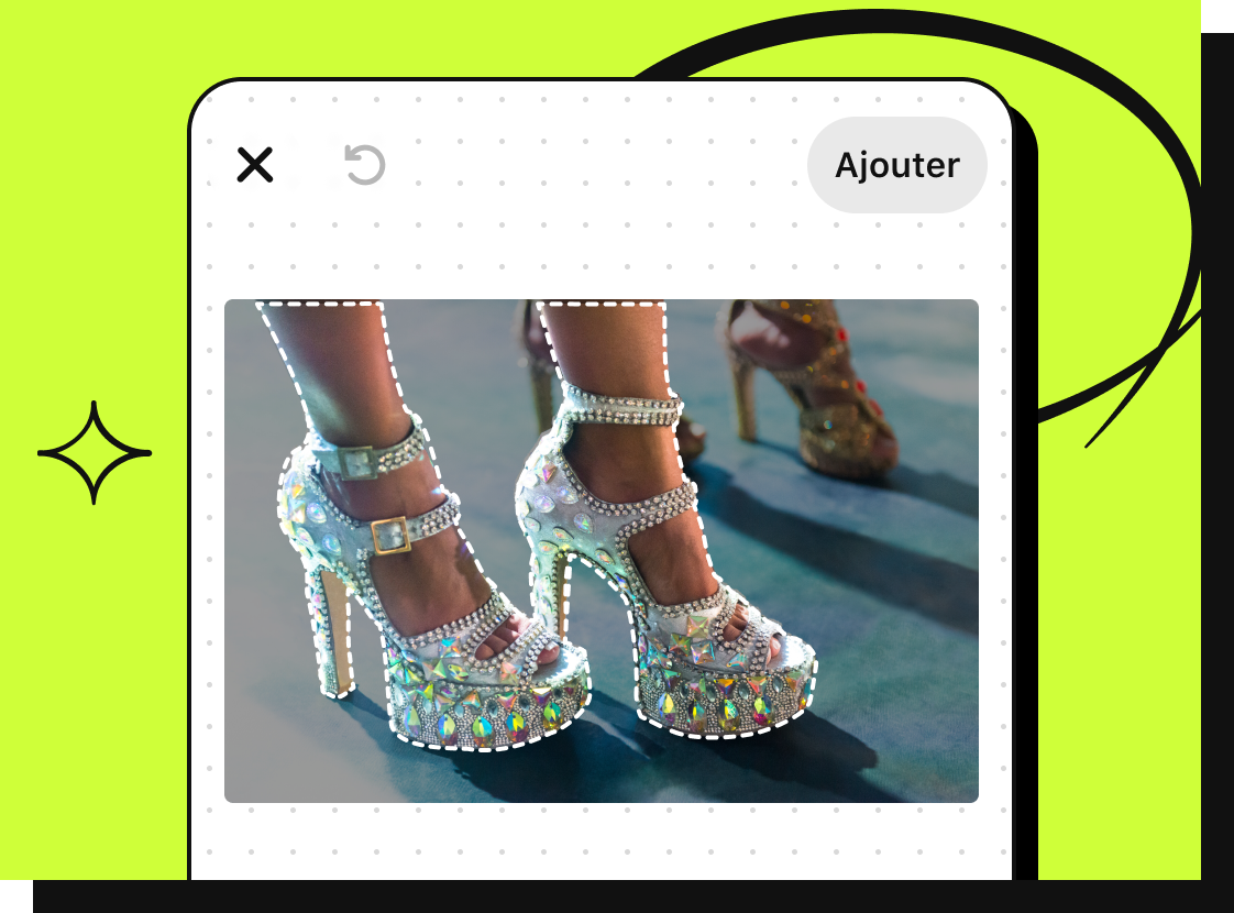 Image Épingle affichant un gros plan sur des talons hauts, argentés, à lanières et ornés de strass, portés par une personne avec des lignes de découpe pointillées autour.