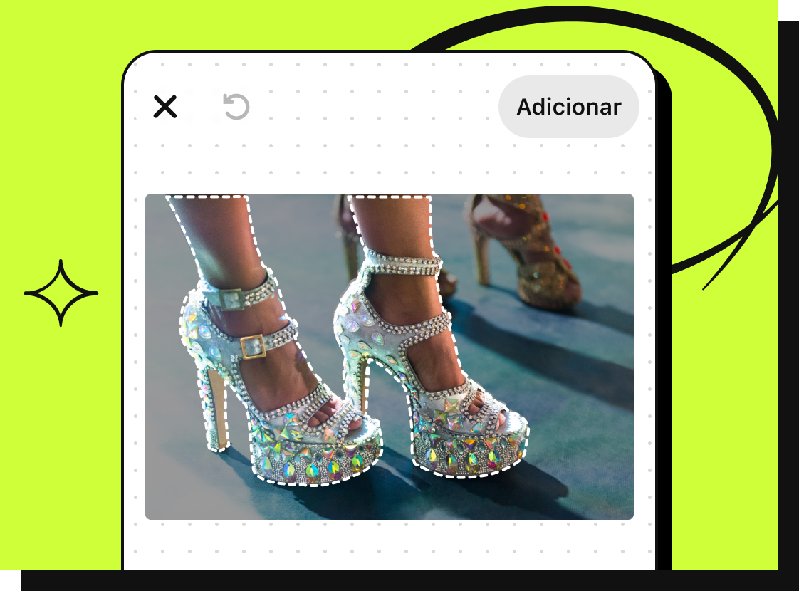 Um close-up de um Pin com uma pessoa usando saltos decorados na cor prata, com linhas pontilhadas ao redor dos sapatos.