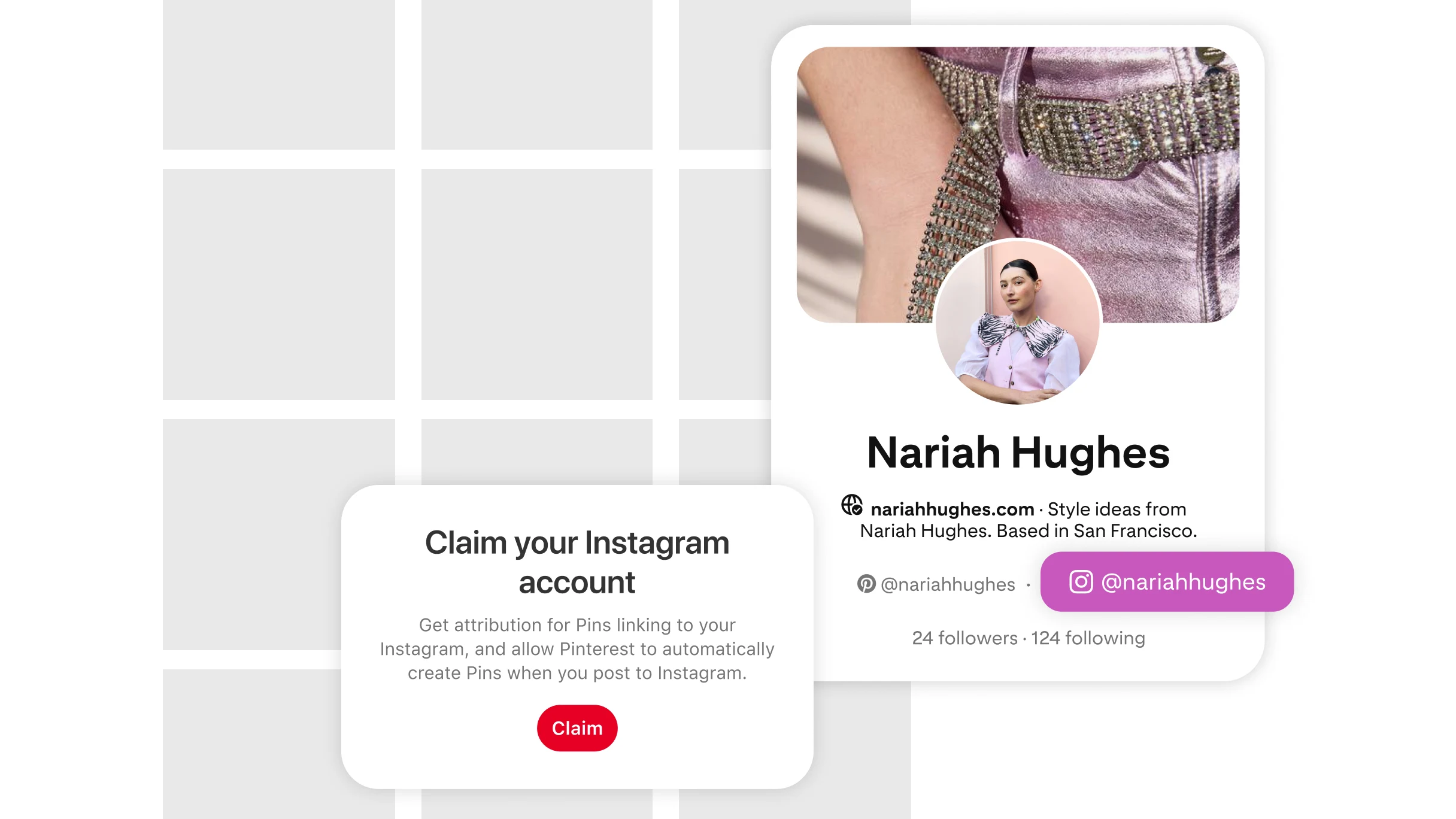 Pinterest profile page showing claimed Instagram account