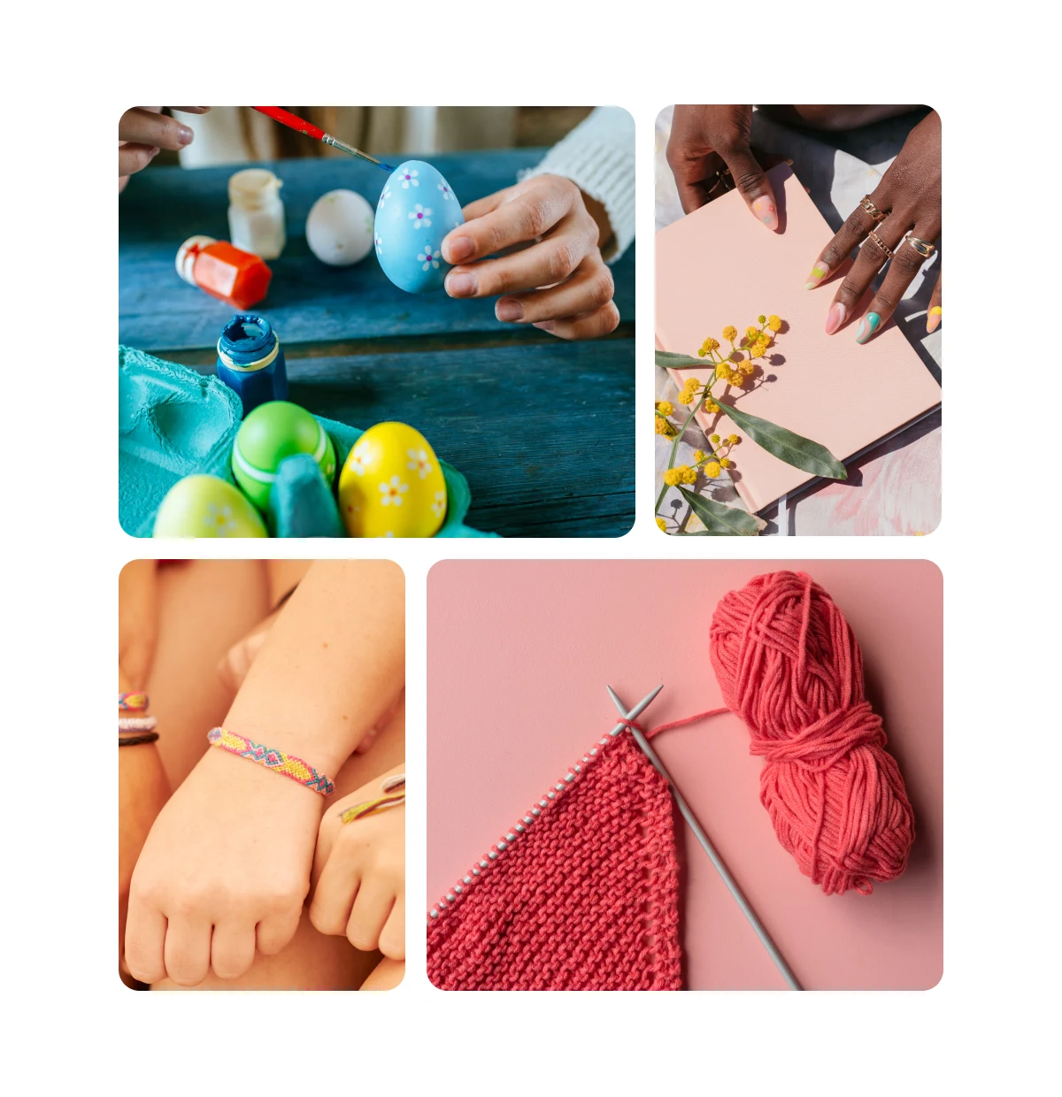 Grid of four images including Easter crafts, spring nails, DIY bracelets, crochet projects.