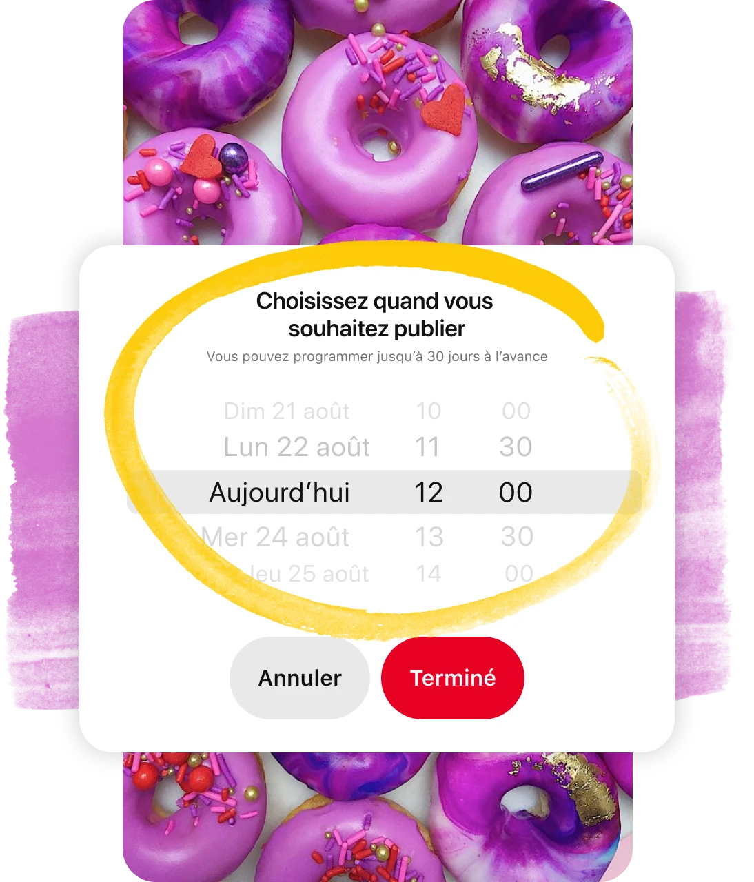 Aperçu du planificateur de tableau d’épingle entouré en jeune au-dessus d’une épingle représentant des donuts violets