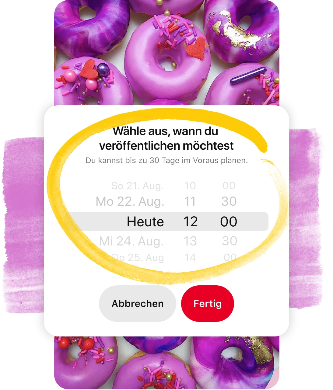 Reihe von geplanten Pins über Pin mit lila Donuts