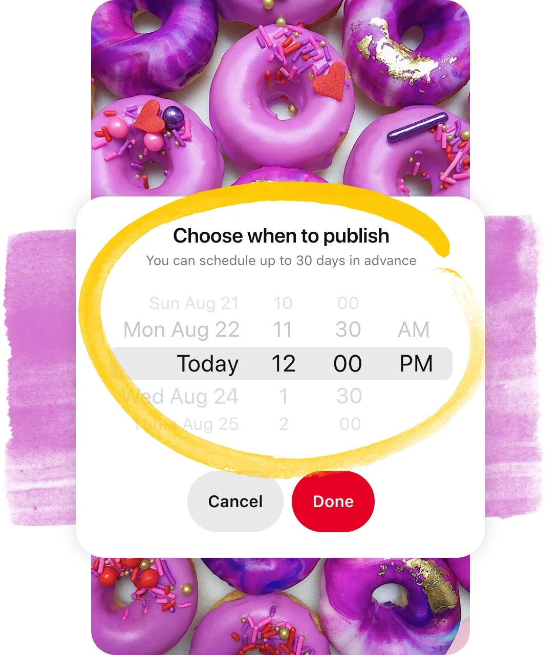 Snapshot of pin board scheduler circled in yellow overlaid on pin of purple donuts