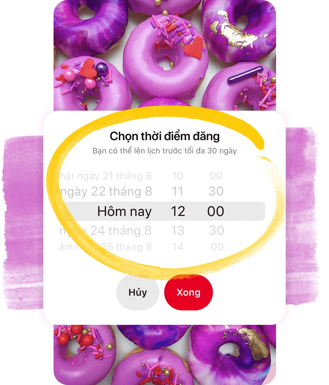 Ảnh chụp nhanh trình lên lịch bảng ghim được khoanh tròn bằng màu vàng có lớp phủ là mục ghim hình bánh vòng màu tím