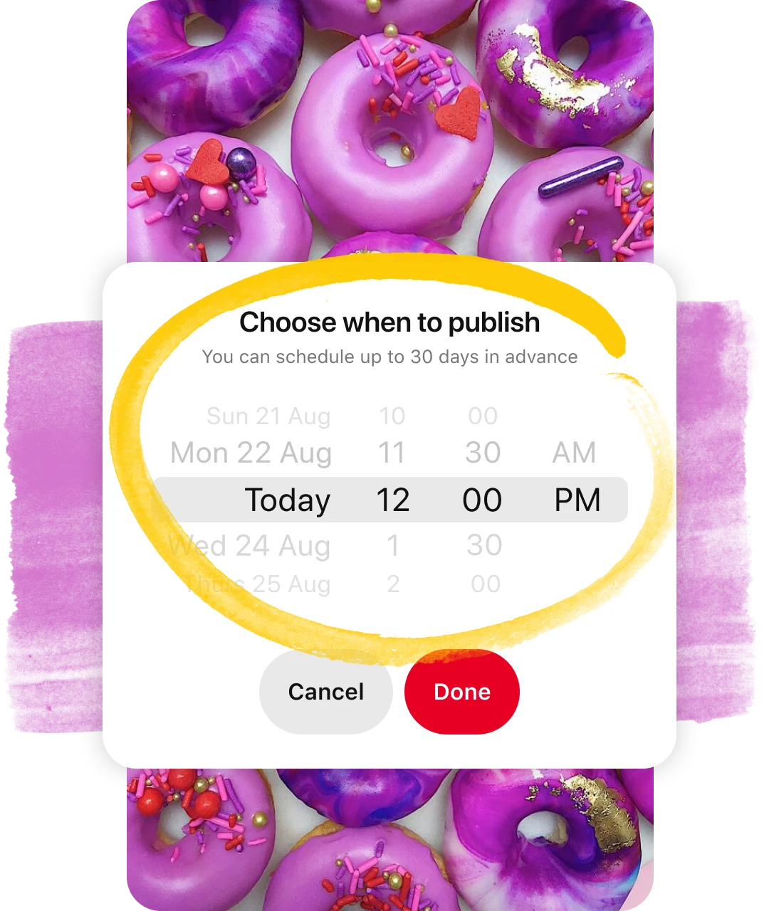 Snapshot of a Pin board scheduler circled in yellow overlaid on a Pin of purple doughnuts