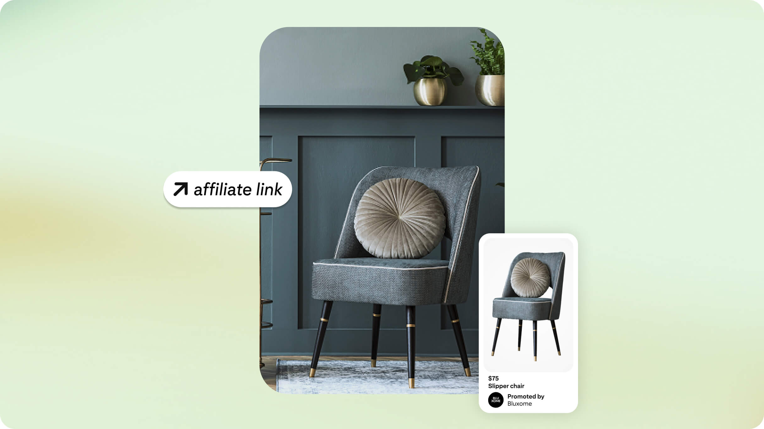 An image of a grey chair with a large circular pillow in front of a dark grey chair rail holding two plants in gold pots. "Affiliate link" is overlaid in a text bubble on the middle left. The product page image of the chair is on the bottom right.
